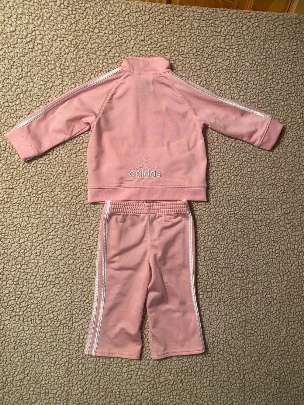 Adidas Pink Track Suit Pants Jacket White Leg Sleeve Stripe Zip Coat 12 Month
